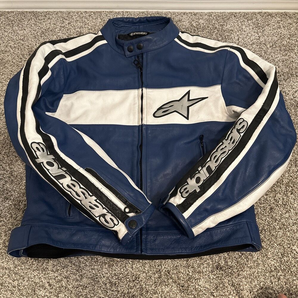 Vintage Alpinestars Blue/Black/White Leather Moto Racing Jacket Size 52